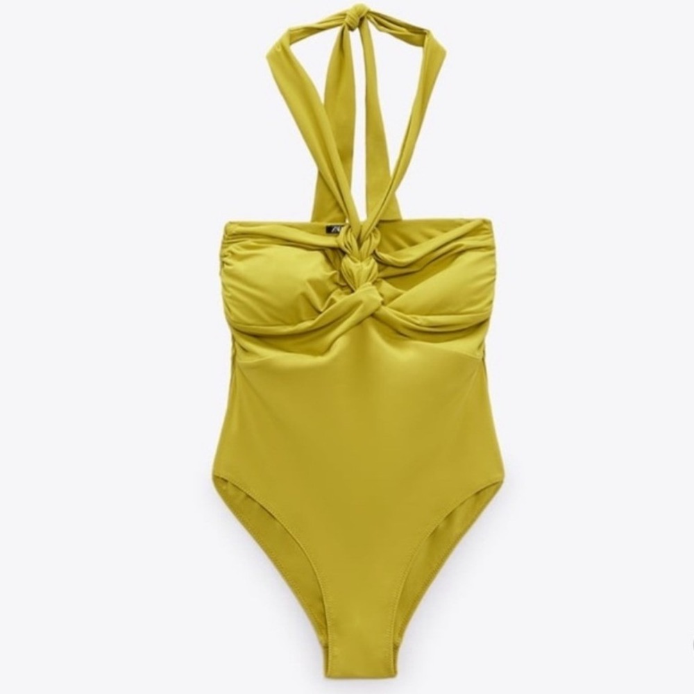 Zara Knotted Halter One Piece Swimsuit Chartreuse Yellow Size S 0291/009